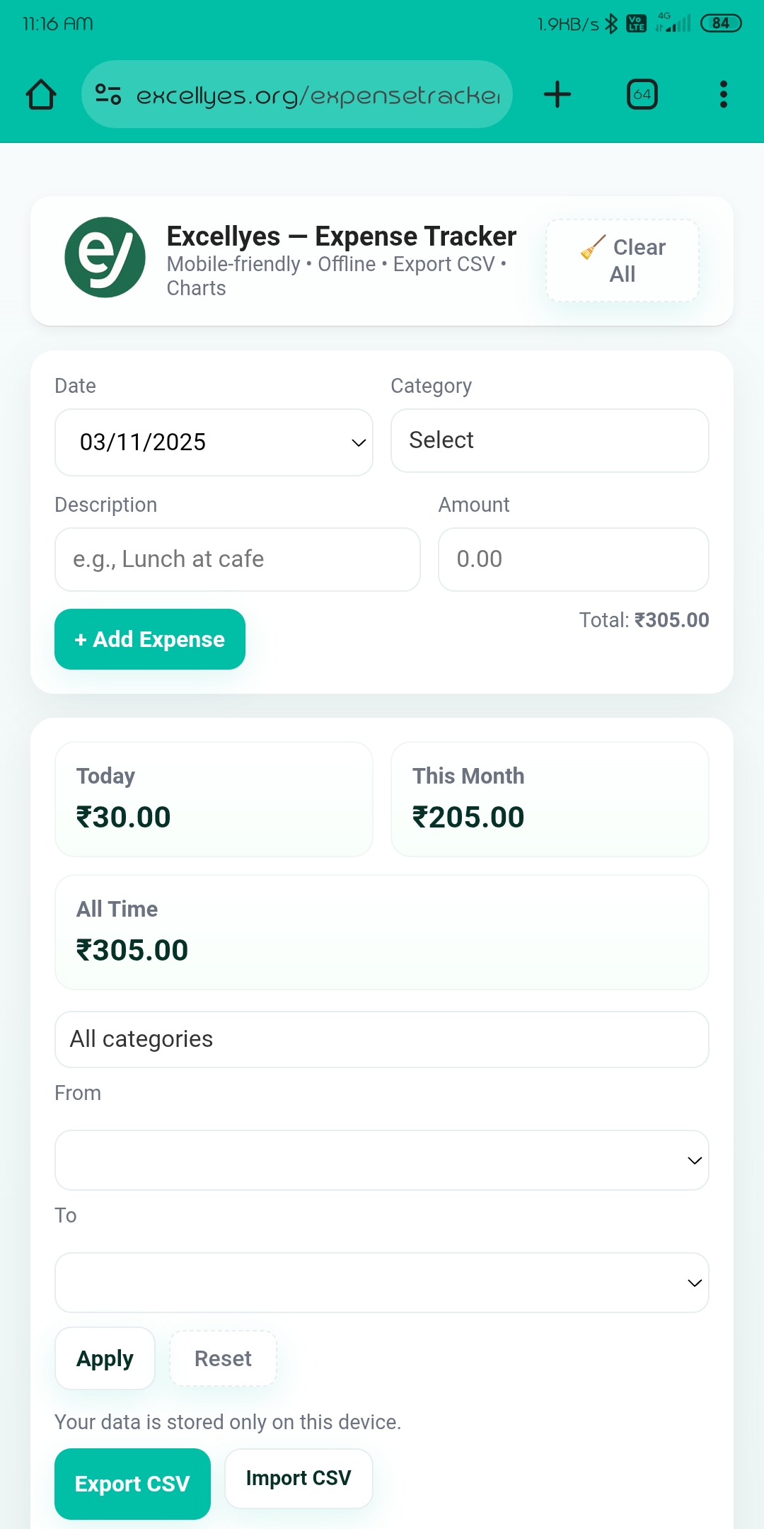 Expense entry page in Excellyes tracker with example data